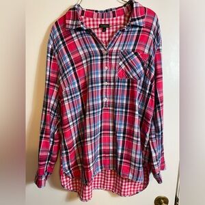 Talbots 100% Cotton Pink & Blue Plaid & gingham 1/2 Button-Up Long Sleeve